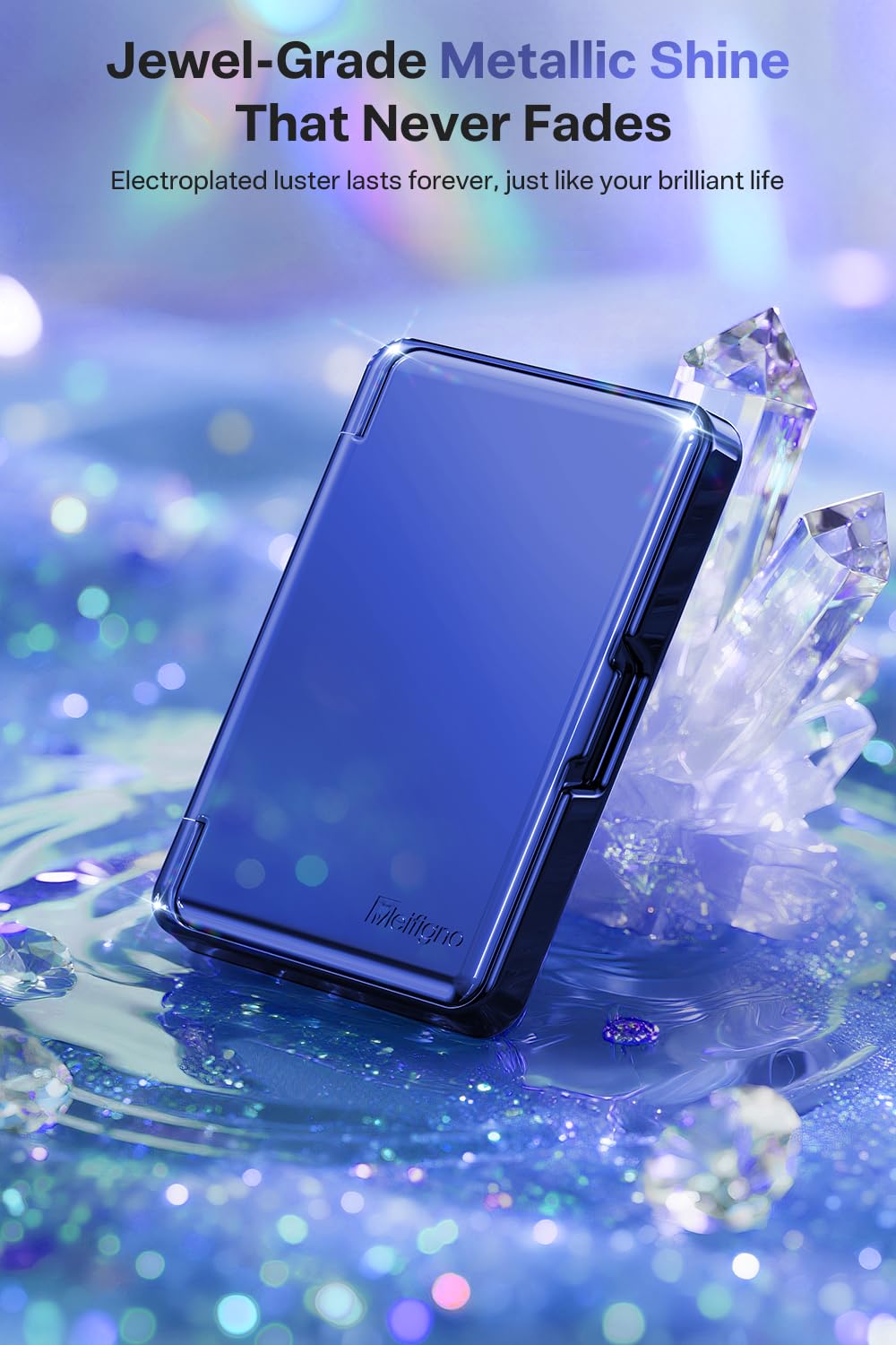 Meifigno Strong Magnetic Phone Wallet with Mirror & Kickstand, Magnetic Phone Card Holder (3-4 Cards & Cash) Compatible with iPhone 17/16/15/14/13/12 Series, Metal Plating Glossy, Deep Blue