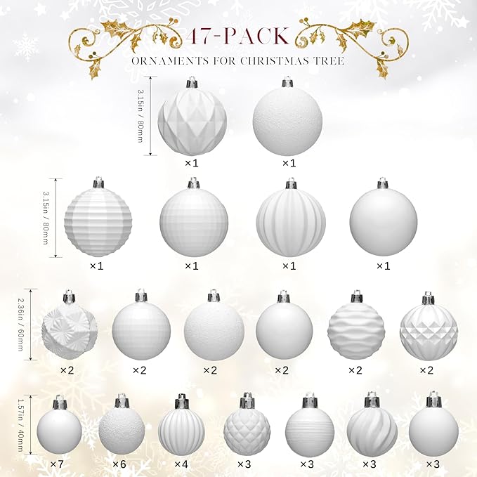 JORNOY Christmas Tree Ornaments Set, 47 Pack Assorted Shatterproof Hanging Balls Decorations, Plastic Bulbs Bulk with Lanyard for Home Holiday Party Decor, 3-Sizes (Pure White)