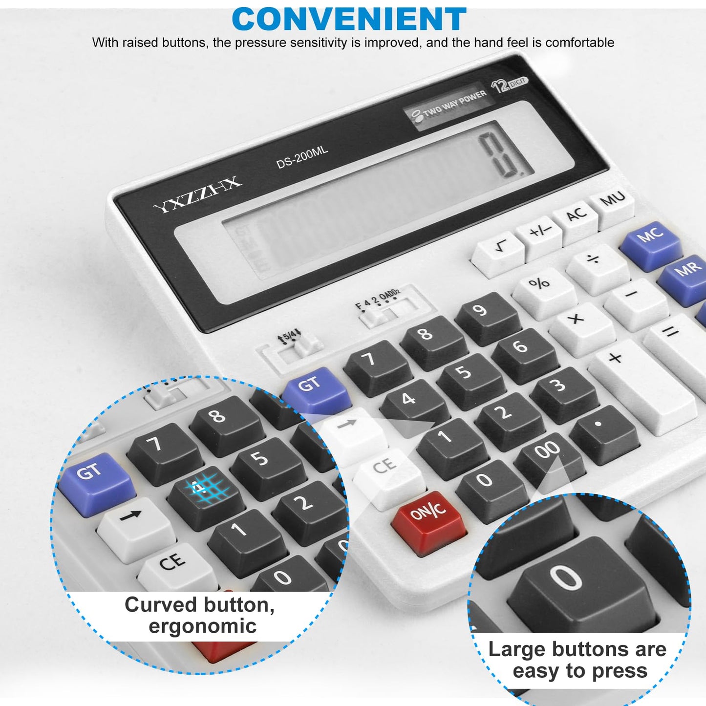 Desk Calculator 12 Digit Extra Large 4.3-Inch LCD Display, Two Way Power Battery and Solar Calculators Desktop, Big Buttons Easy to Press Used as Office Calculators for Desk White