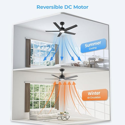 ocioc Ceiling Fans with Lights and Remote,44 Inch Black Ceiling Fan with Nightlight,6 Speeds,3000–6500K Dimmable,Quiet Reversible DC Motor,Modern Ceiling Fan for Bedroom Living Room Patio