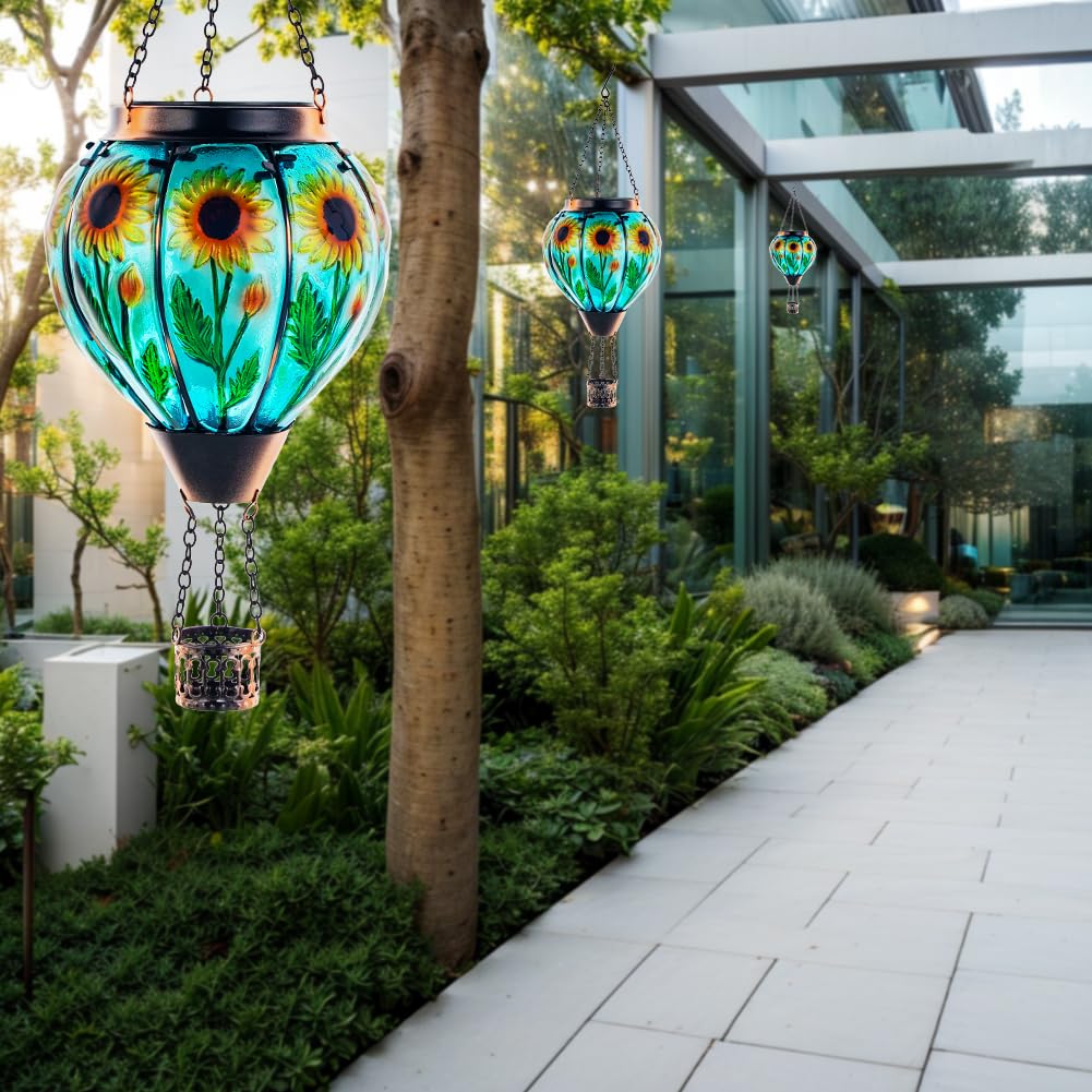 Starsoul Sunflower Hot Air Balloon Solar Lantern Glass Outdoor Hot Air Balloon Solar Flickering Flame Light Hanging Solar Lanterns Outdoor Waterproof Garden Patio Yard Party Decor