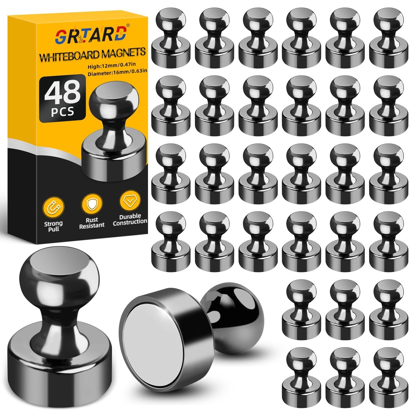 Grtard 48 Pack Black Magnetic Push Pins, Fridge Magnets for Whiteboard, Whiteboard Magnets Refrigerator Magnets, Small and Strong Push Pin Magnet for Office, School, Locker, and Map Magnet