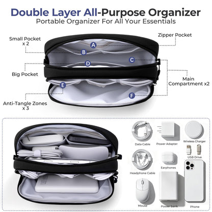 Skycase Travel Cable Organizer - Lightweight Water Resistant Dual-Layer Tech Pouch with Wrist Strap 10 Compartments Electronic Organizer Travel Case for Charger Cord Hard Drive,Medium,Black