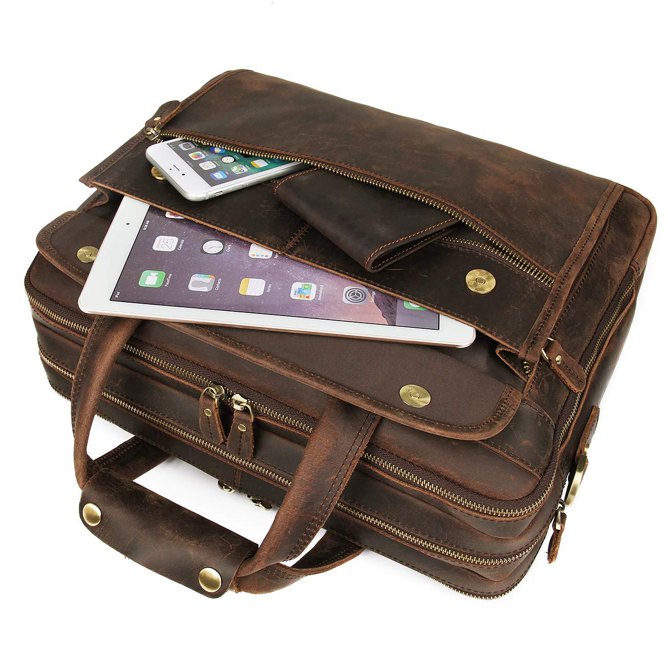 Augus Leather Briefcase for Men 15.6 Inch Laptop Bag Business Travel Large Capacity With Trolley Sleeve YKK Metal Zipper, Brown