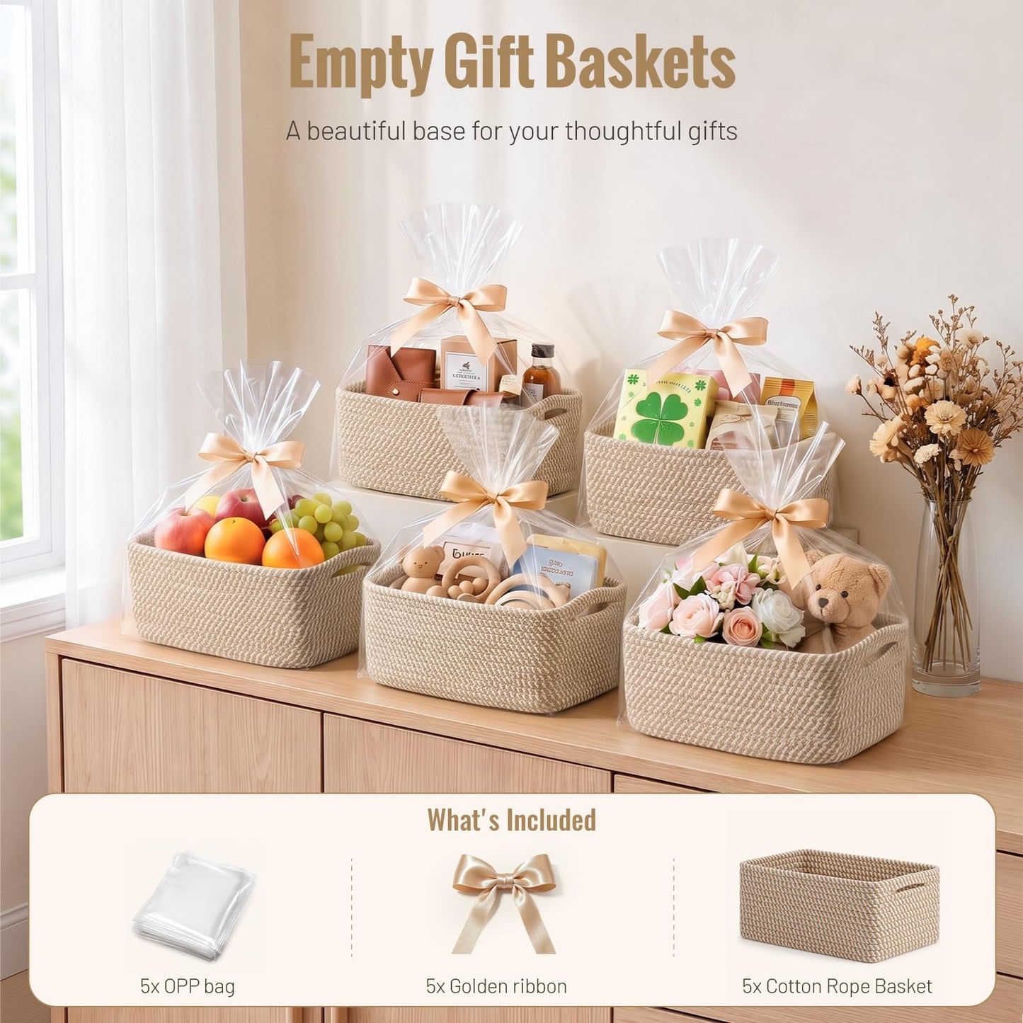 5 Pack Decorative Small Storage Baskets for Shelves, Cotton Rope Woven Basket for Organizing Bathroom, Nursery, Closet, Cabinet, Toys & Socks, Gift Baskets Empty, 11.8"x7.9"x4.7", Khaki