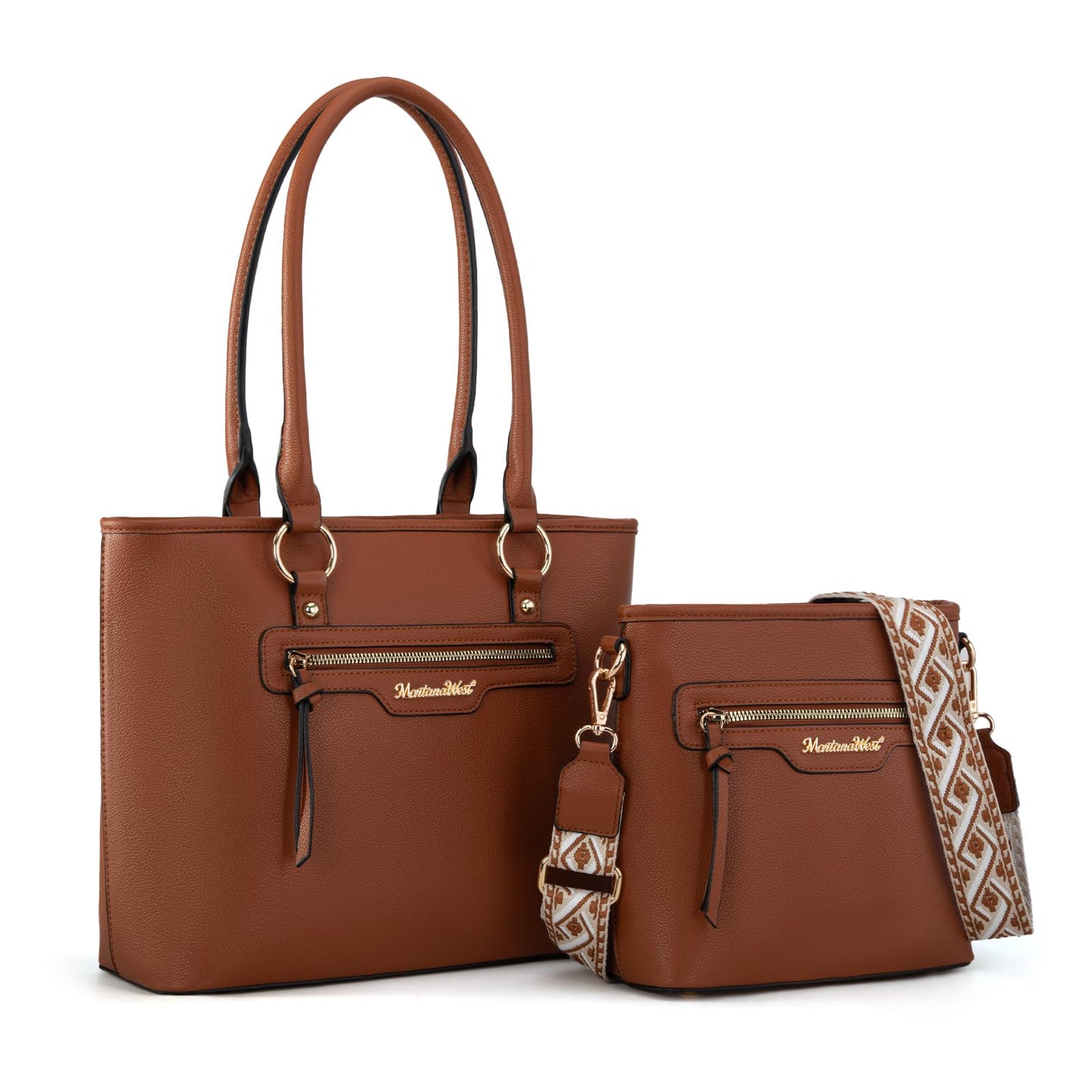 Montana West tote purse for women medium crossbody purse set 2pcs brown cute trendy woman handbag and purse ladies designer handbag with guitar strap MWC-HB-SET-330-BR