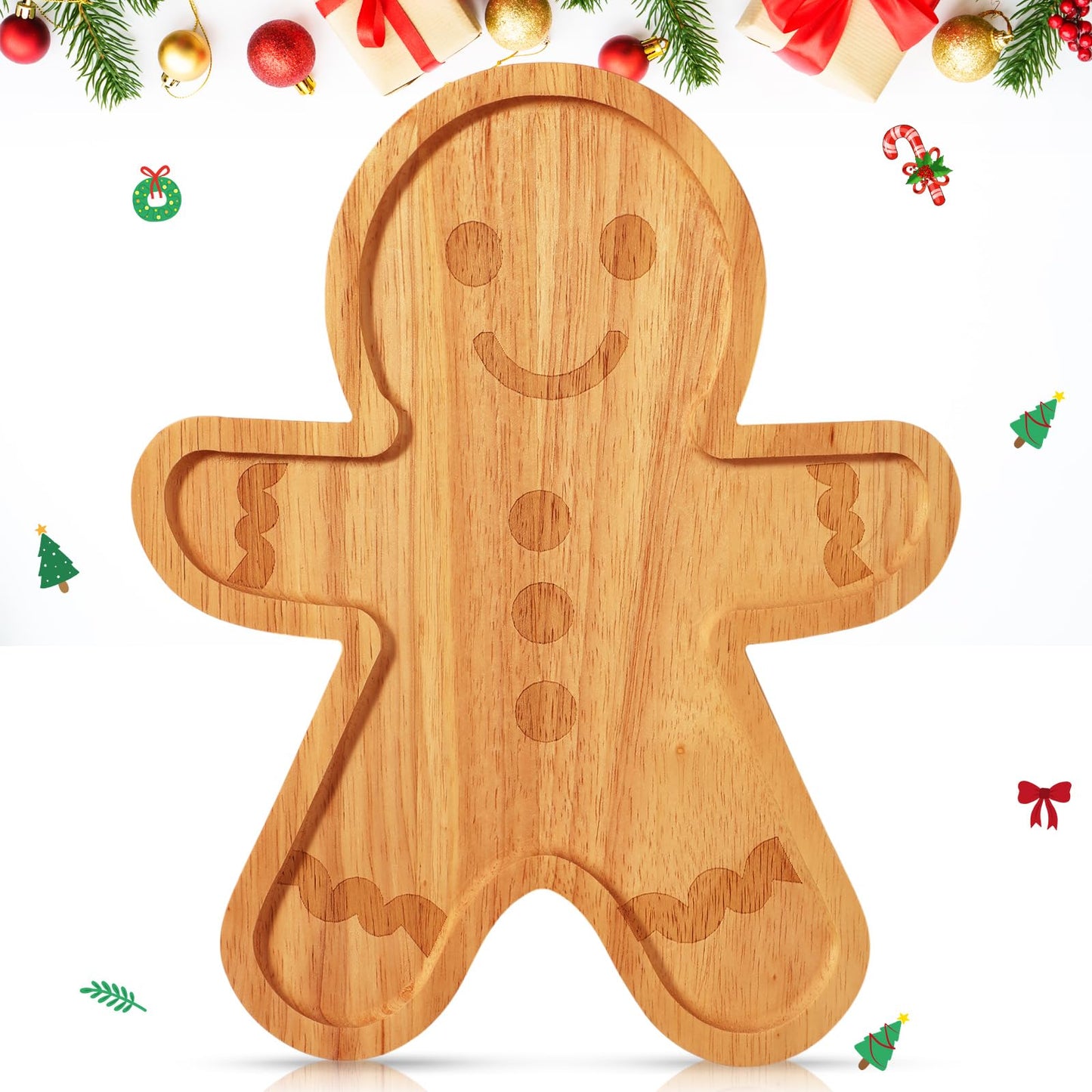 Bokon 12" Gingerbread Christmas Charcuterie Board Wooden Cutting Board Xmas Serving Platter Tray Cookie Plate for Cheese Bread Dessert Fruit, Gift for Christmas Party Holiday Decoration(Rubber Wood)