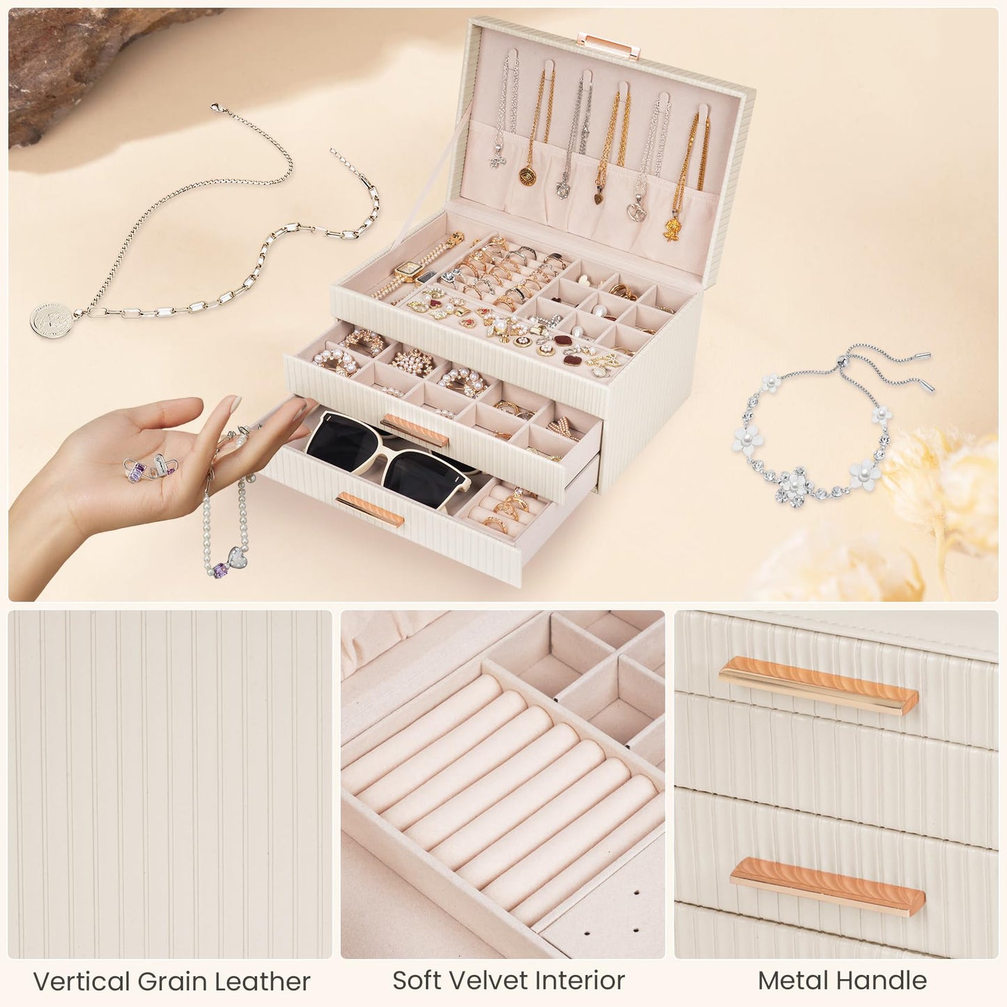 Dajasan Jewelry Box Organizer, 3-Tier Jewelry Storage Organizer with 2 Drawers, Large Jewelry Boxes for Women, PU Leather Surface with Texture, Gift Idea, Modern Style (Beige)