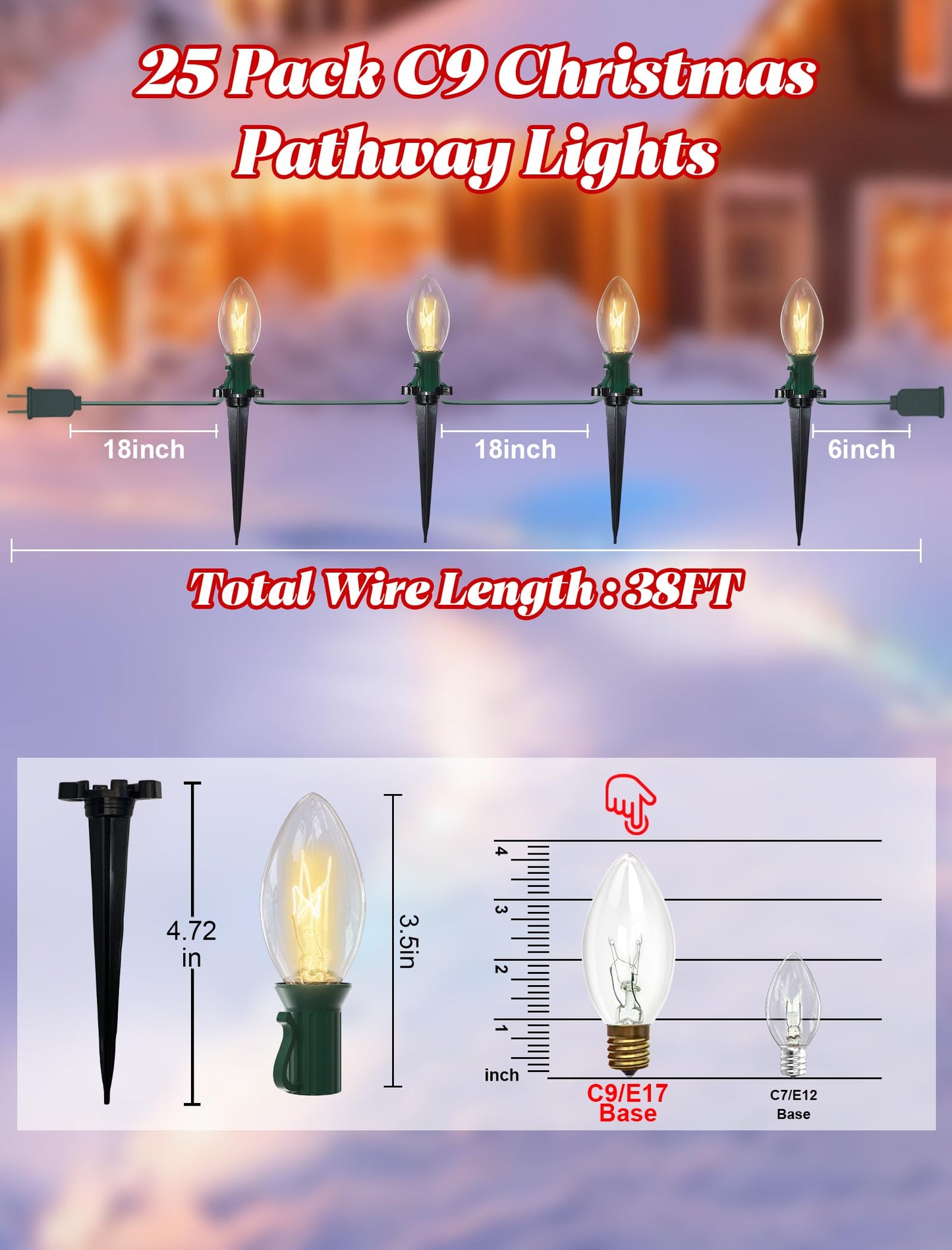 38FT C9 Christmas Pathway Lights Outdoor,25 Pack Warm White Connectable Weatherproof Christmas Walkway Lights with C9 Bulbs and Stakes for Driveway Yard Lawn Sidewalk Decorations