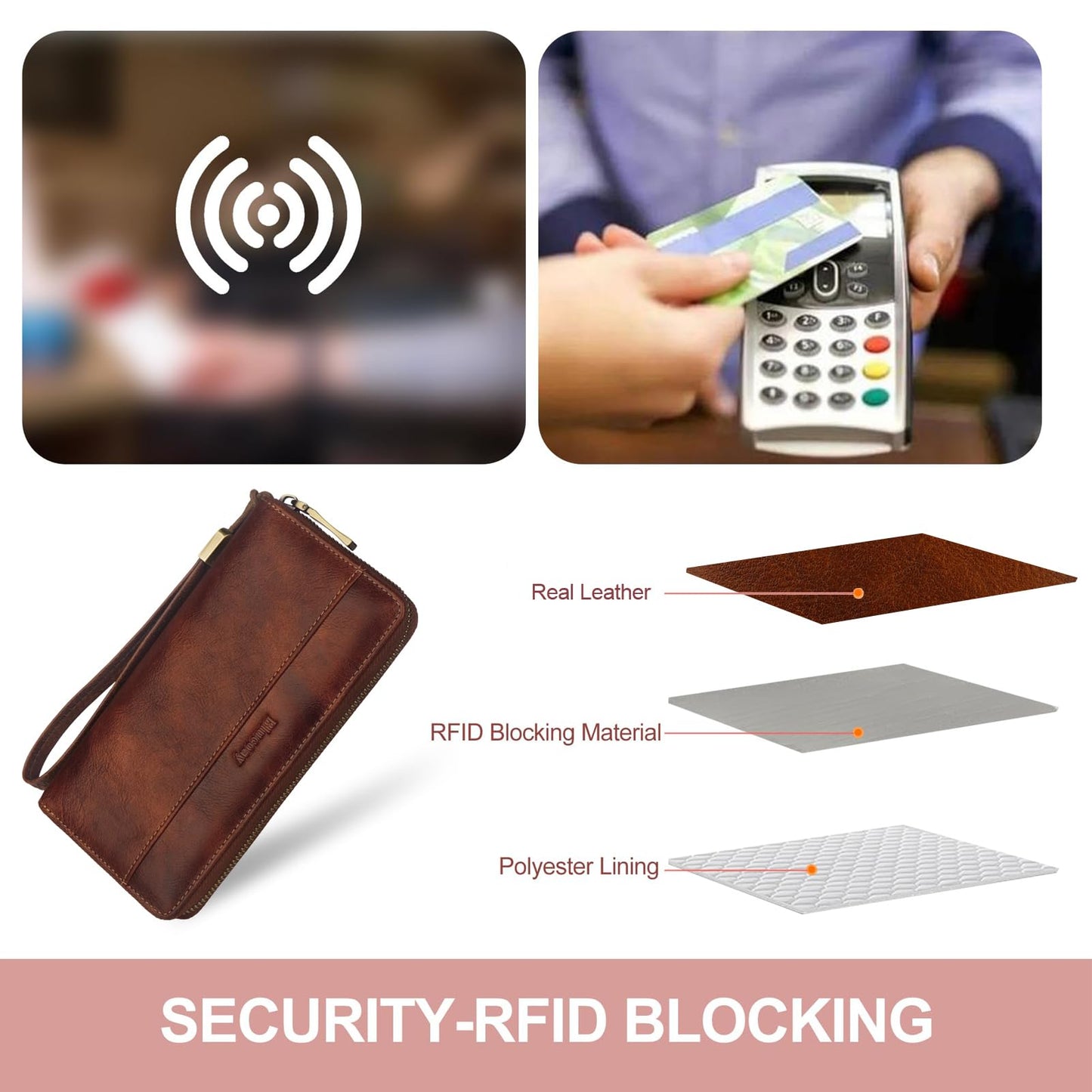 Blucoay Leather Wallet Women Wristlet RFID Blocking Large Capacity Long Wallet For Women Card Holder With Zip Coin Pocket(darkbrown)