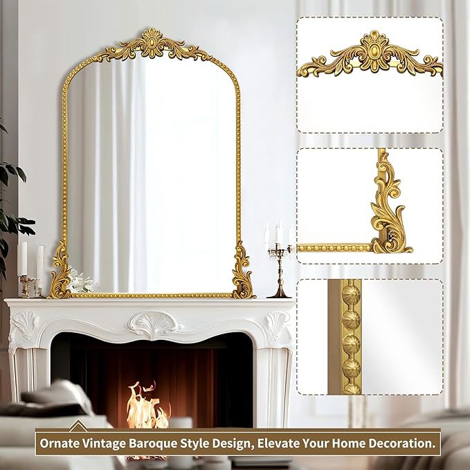 Growsun Vintage Gold Arched Mirror, 24’’x36’’ Antique Baroque Ornate Wall Mirror Decor with Full Metal Frame for Fireplace/Entryway/Living Room/Bathroom