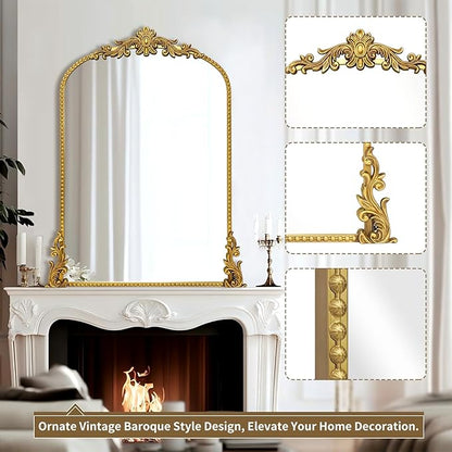 Growsun Vintage Gold Arched Mirror, 24’’x36’’ Antique Baroque Ornate Wall Mirror Decor with Full Metal Frame for Fireplace/Entryway/Living Room/Bathroom