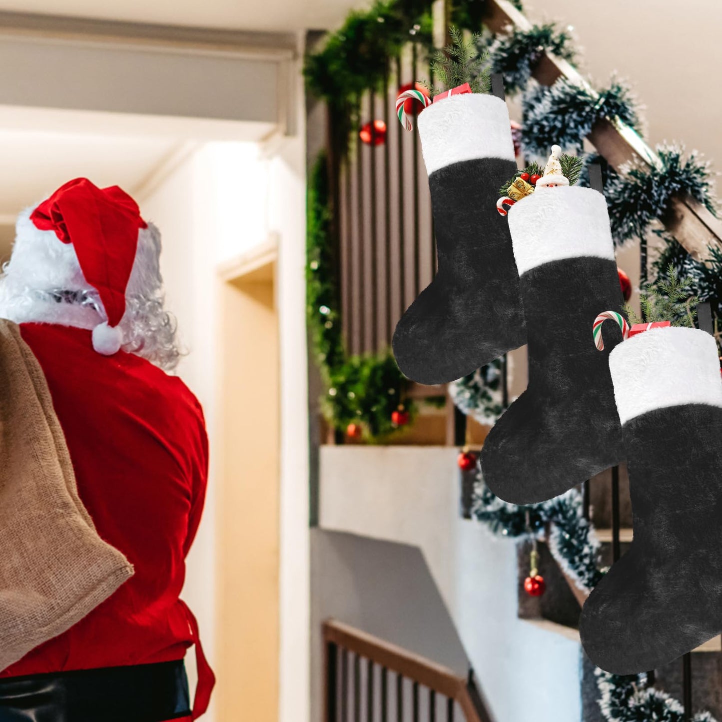 CCINEE Christmas Black Stockings,6 Pack 18 Inches Large Stockings with Plush Cuff,Classic Christmas Stockings Decorations for Xmas Party Favor Gifts Fireplace Decor