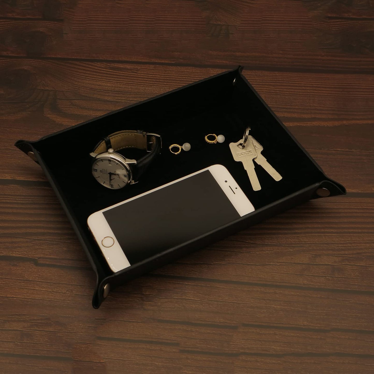 Socospace Valet Tray Organizer,Catchall for Jewelry,Wallets,Watches,Keys, Coins,Cell Phones,Nightstand Tray Perfect for Nightstand,Entryway Table,Desk,Key（Black）