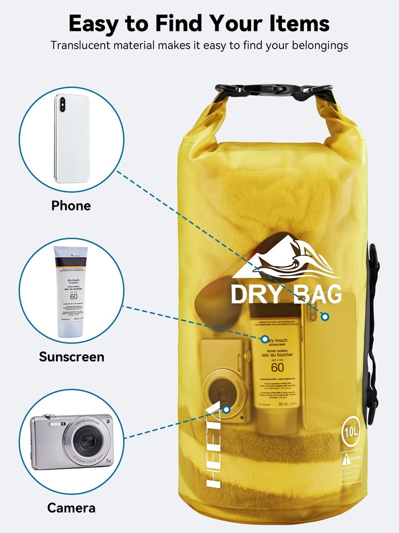 HEETA Dry Bag Waterproof for Women Men, Roll Top Lightweight Dry Storage Bag Backpack with Phone Case for Travel Swimming Boating Kayaking Paddle Board Camping Beach Accessories (Yellow, 30L)
