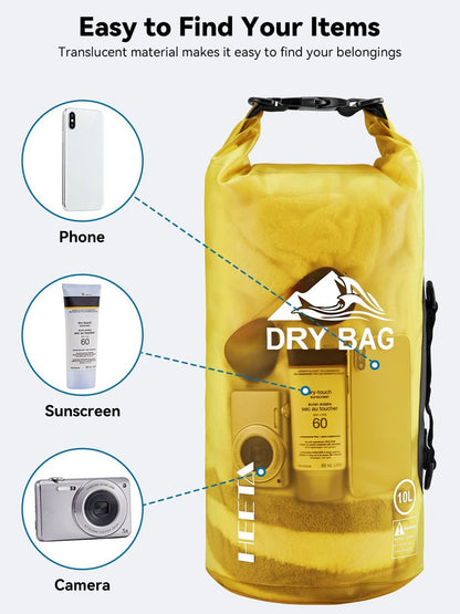 HEETA Dry Bag Waterproof for Women Men, Roll Top Lightweight Dry Storage Bag Backpack with Phone Case for Travel Swimming Boating Kayaking Paddle Board Camping Beach Accessories (Yellow, 30L)