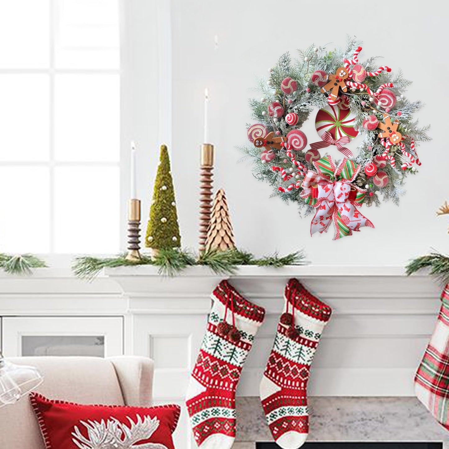 Egolot 24 Inch Winter Christmas Candy Cane Wreath for Front Door, Christmas Red White Xmas Indoor Outdoor Candy Gingerbread Wreath, Holiday Wreaths for Window Wall