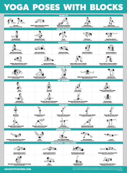 Palace Learning 4 Pack - Yoga Block Poses + Pilates Exercise + Yoga Poses Positions + Stretching Posters - Set of Four Fitness Charts (18" x 24", LAMINATED)
