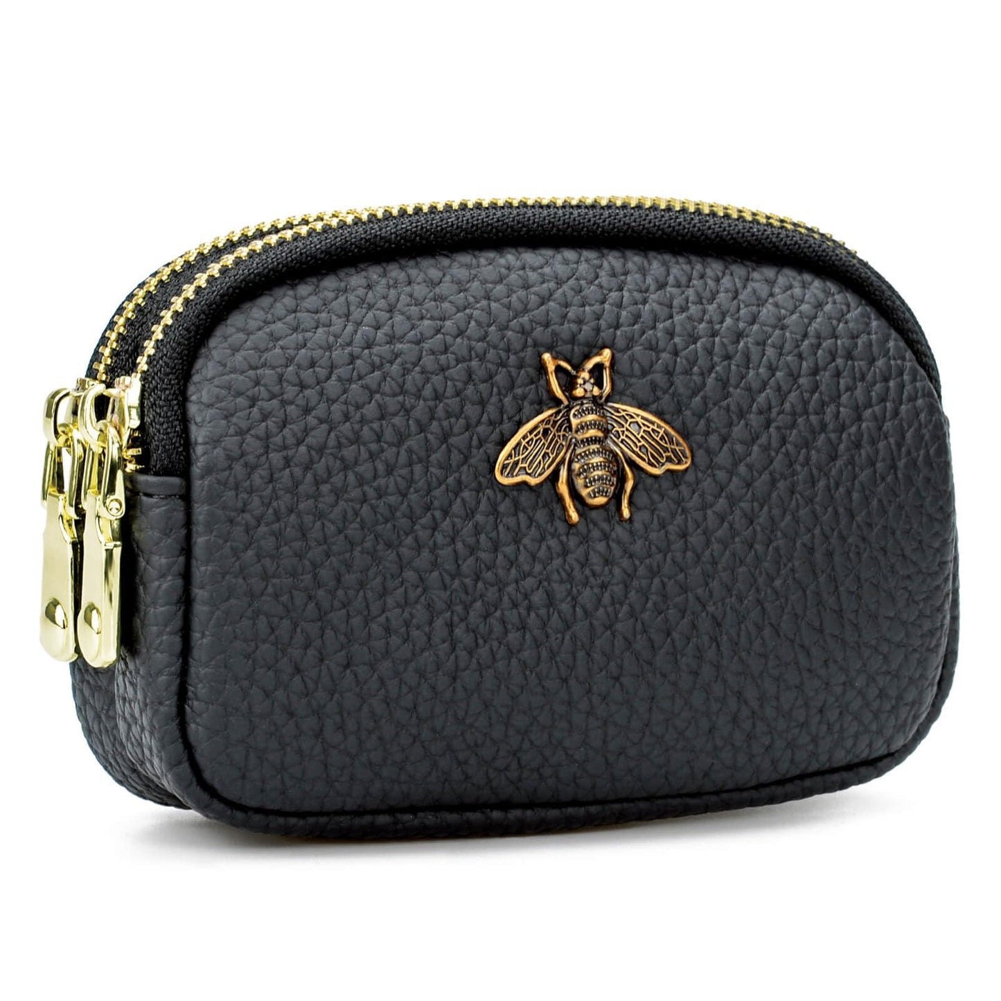 WOZEAH Leather Coin Purse for Women Small 2 Zipper Change Wallet with Key Ring Card Key Coin Cash Holder Pouch(Black)