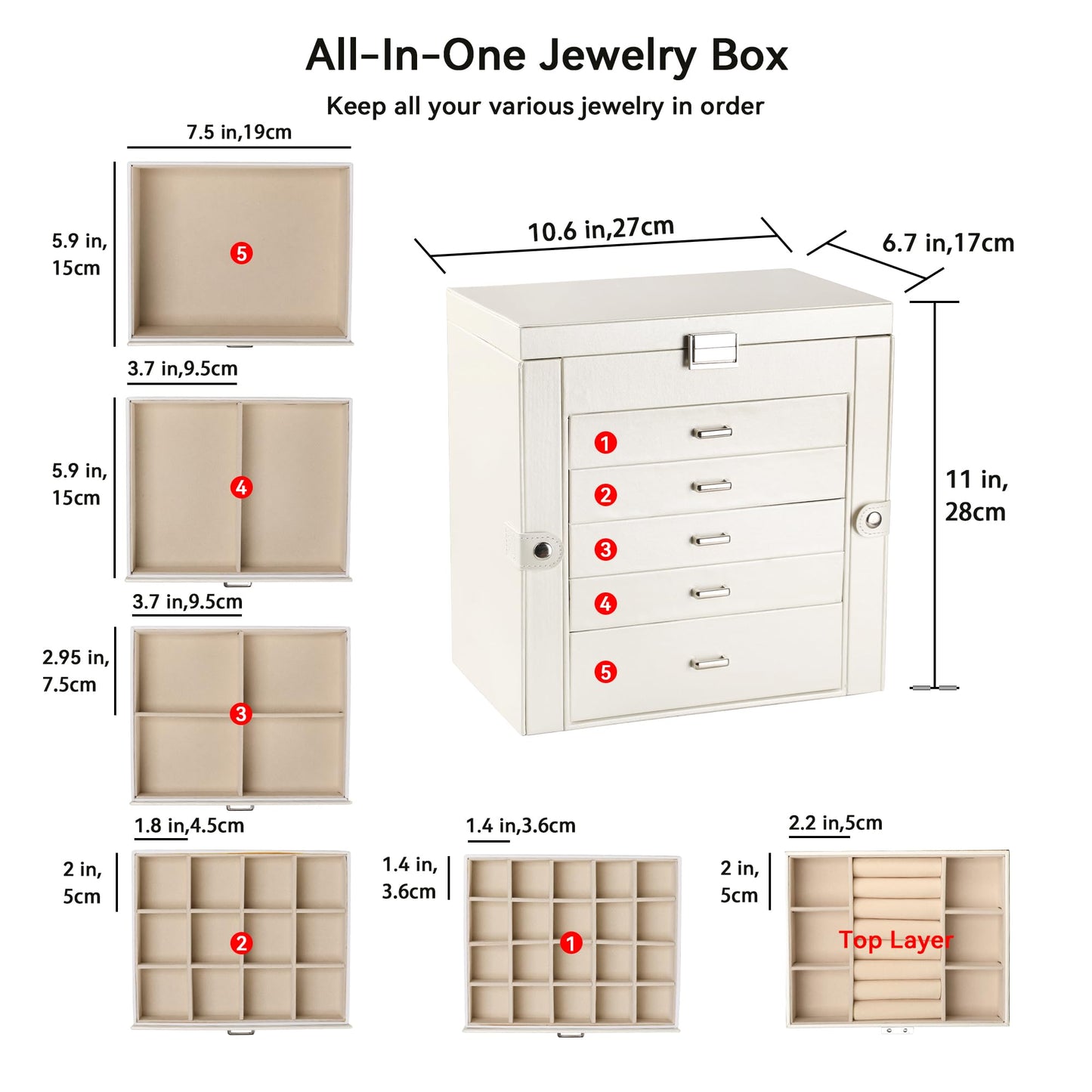 Frebeauty Large Jewelry Box,6-Tier PU Leather Jewelry Organizer,Multi-functional Storage Case with Mirror,Accessories Holder with 5 Drawers for Necklace Bracelets Watches(Pearl White)