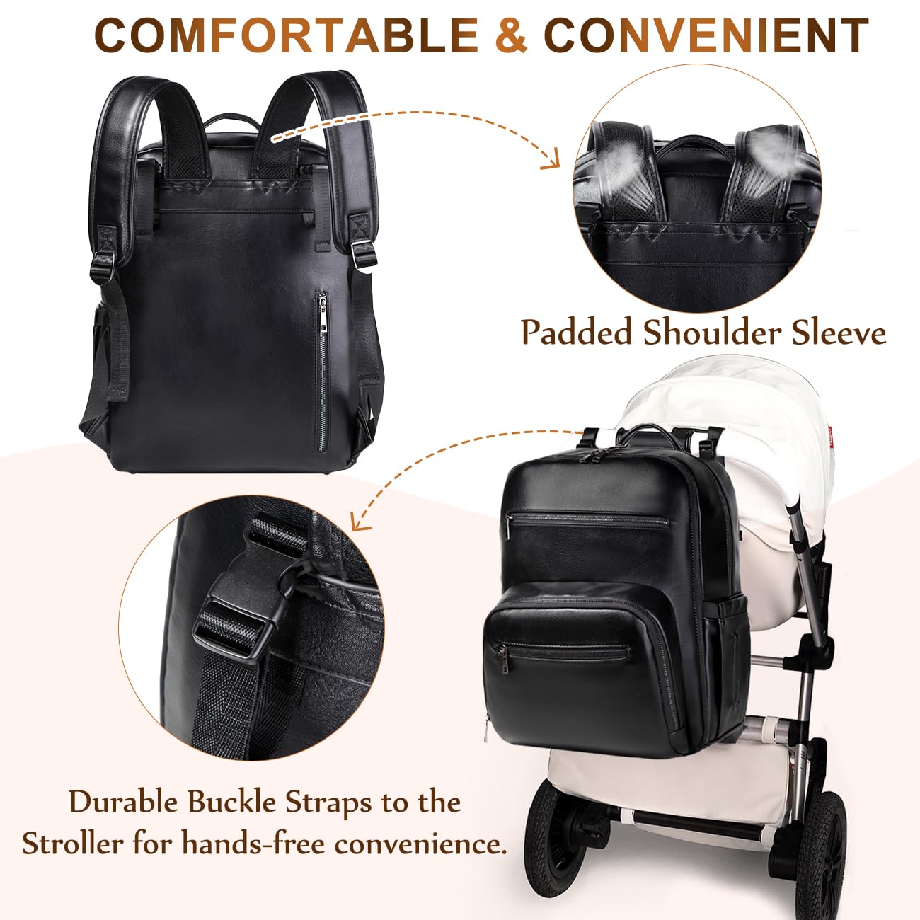 VASCHY Diaper Bag Backpack for Mum Dad, Unisex Large Waterproof Vegan Leather Baby Bag with Changing Pad,Insulated Pockets,Padded Laptop Sleeve for Travel,Black