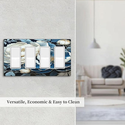 White Blue Flower Peonies Light Switch Cover 4 Gang Rocker Decora Outlet Covers Wall Plate Decorative Switchplate Electrical Faceplate GFCI for Farmhouse Living Bedroom Decor