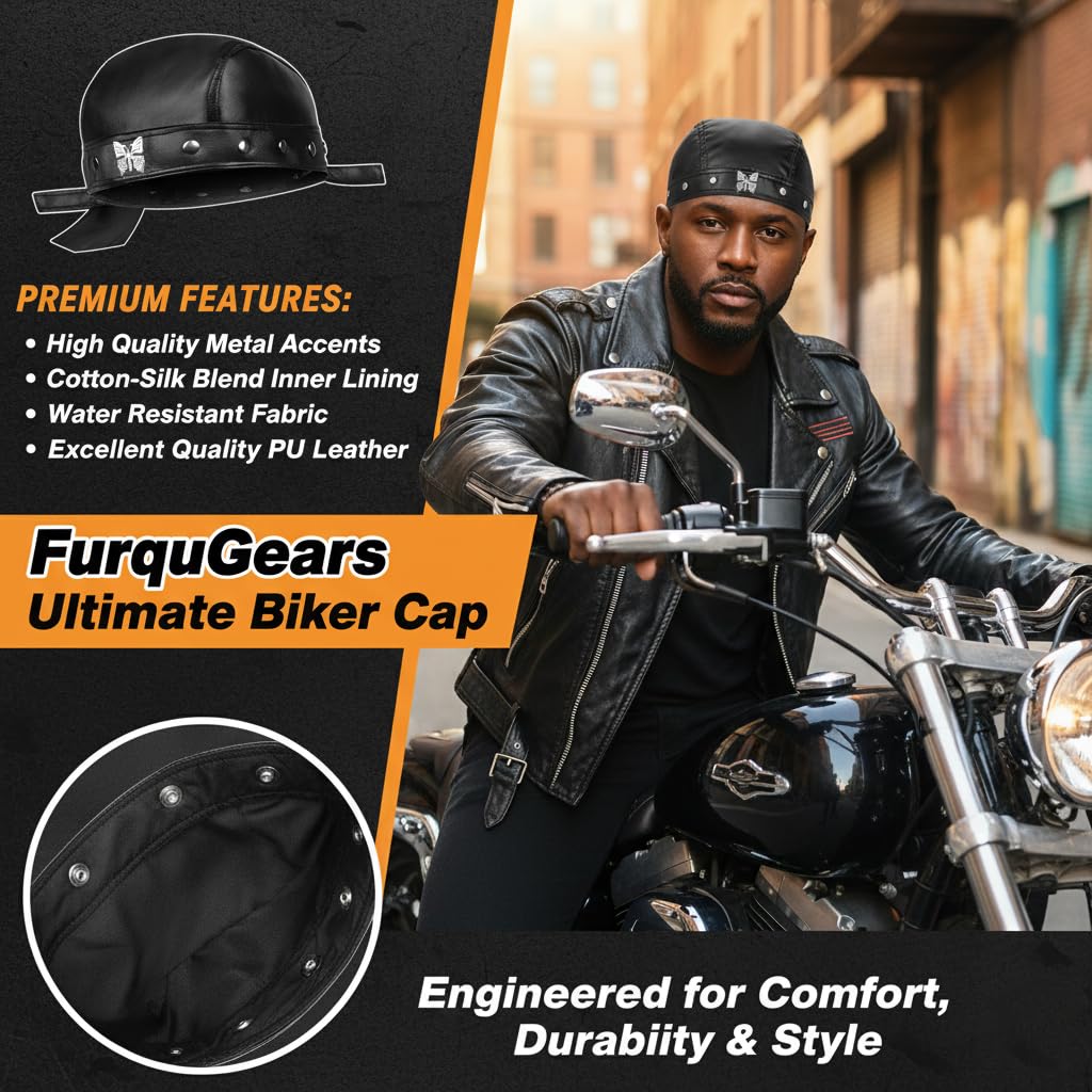 FurquGears Leather Biker Cap for Women Stylish Biker Doo Rag Headwrap for Riding Adjustable Motorcycle Black Skull Hat