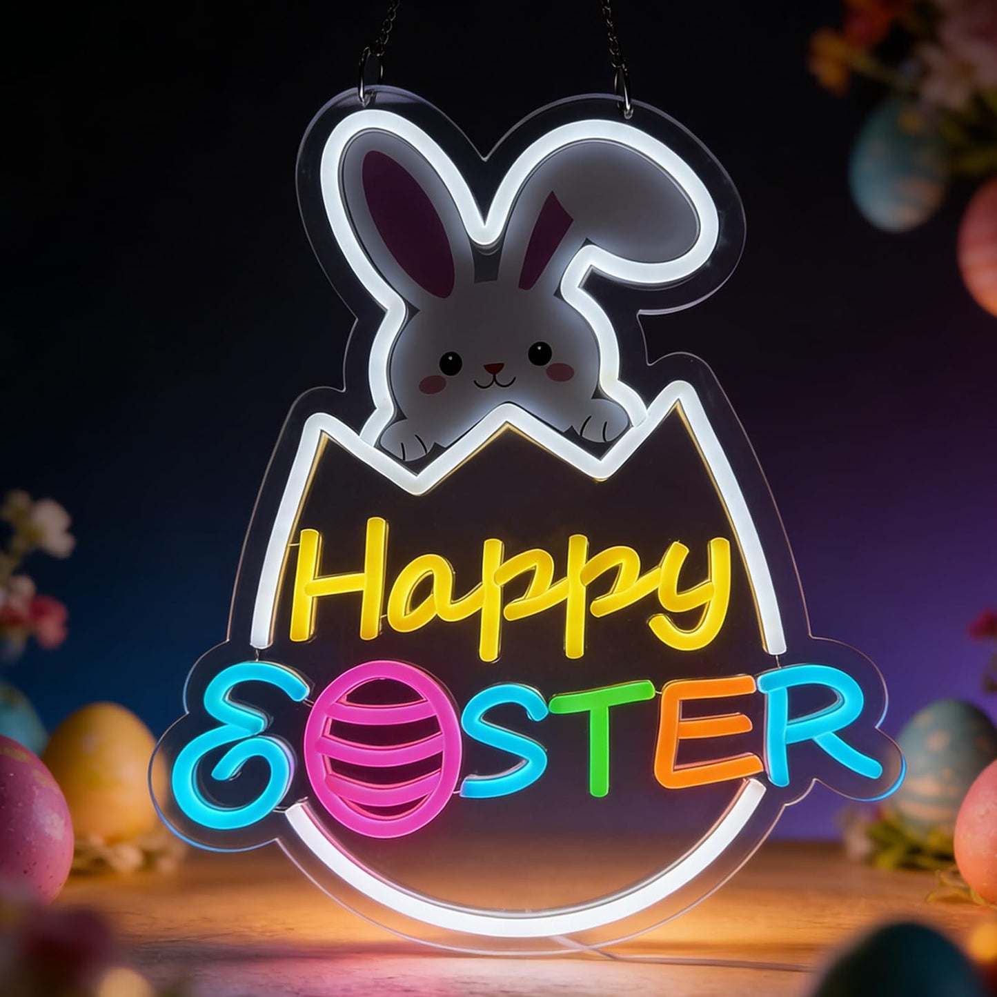 RumonZS Easter Decorations LED Neon Sign 15 In Happy Easter Neon Sign LED Rabbit Egg Window Lights Home Party Indoor Outdoor Wall Bunny Decor Light Up Sign for Bedroom Easter Birthday Party Decor