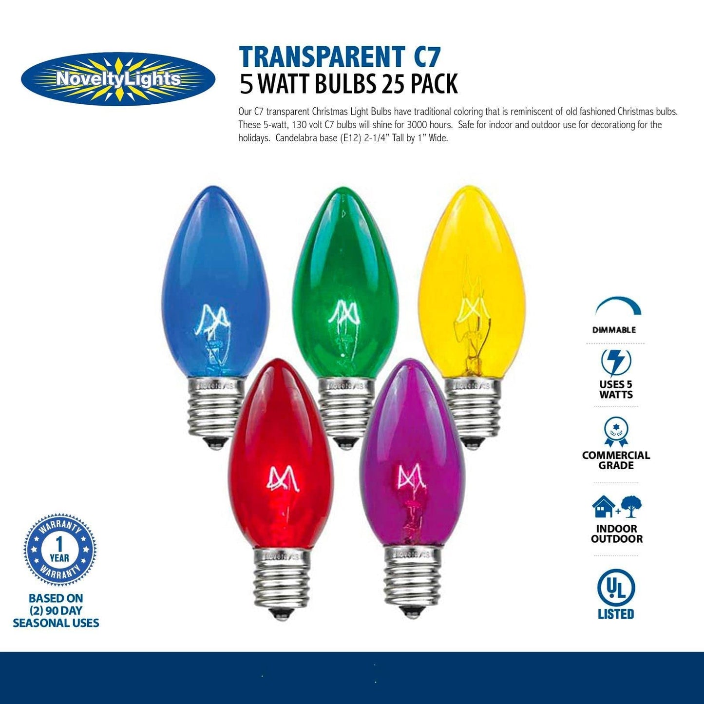 Novelty Lights Christmas Replacement Bulbs - Outdoor Individual Bulbs for Events, Holiday Parties, Patios, and More - C7/E12 Candelabra Base, 5 Watt Lights (Teal, 25 Pack)