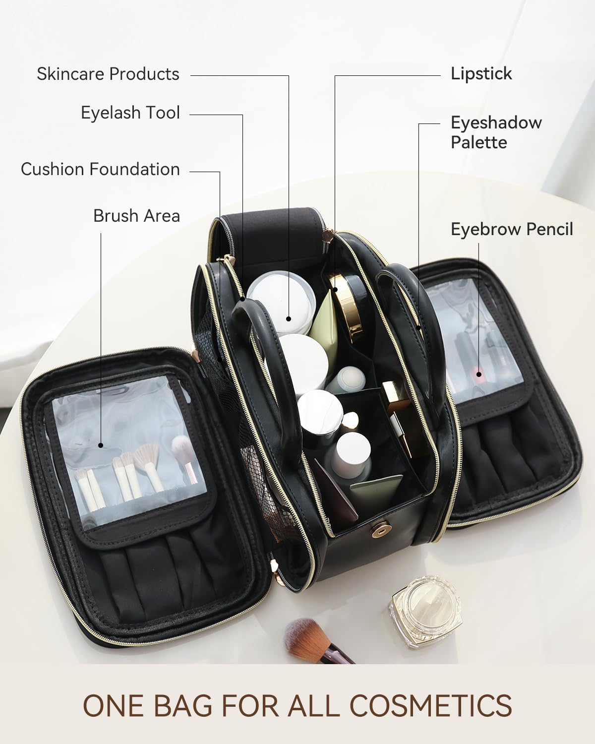 Prite Makeup Bag for Women, Large Capacity Waterproof Travel Cosmetic Organizer, Portable Open Flat Toiletry Bag with Free-standing Brush Holder and Handle(Black Large)