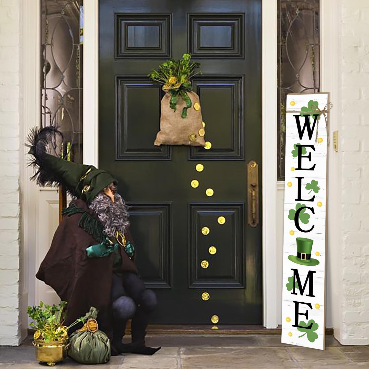 St. Patrick's Day Wooden Porch Sign 47" Spring Large Welcome Porch Sign for Home Front Door Yard Clover Party Decor (Green)