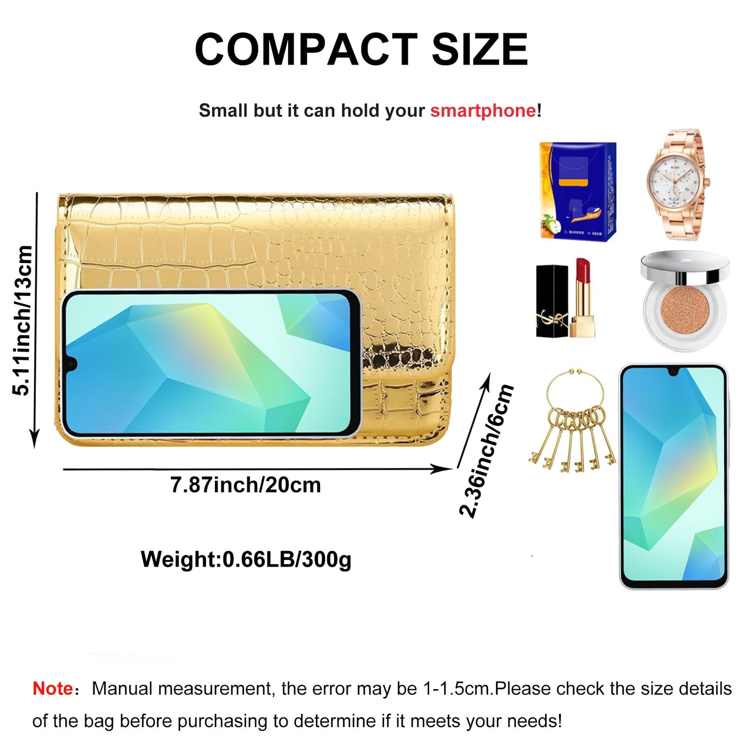 GRUMOTA Small Crossbody Purse Bag for Women,Y2k Silver Metallic Croc-Embossed Clutch Handbag,Cute PU Leather Pouch Wallet Fit for Phones(Medium,Gold)