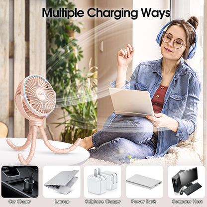 Portable Stroller Fan, Small Battery Powered Fan with Flexible Tripod Clip-on for Baby, USB Rechargeable Mini Handheld Desk Fan for Travel, Camping, Treadmill, Car Seat, Crib, Bike, Bedroom (Pink)