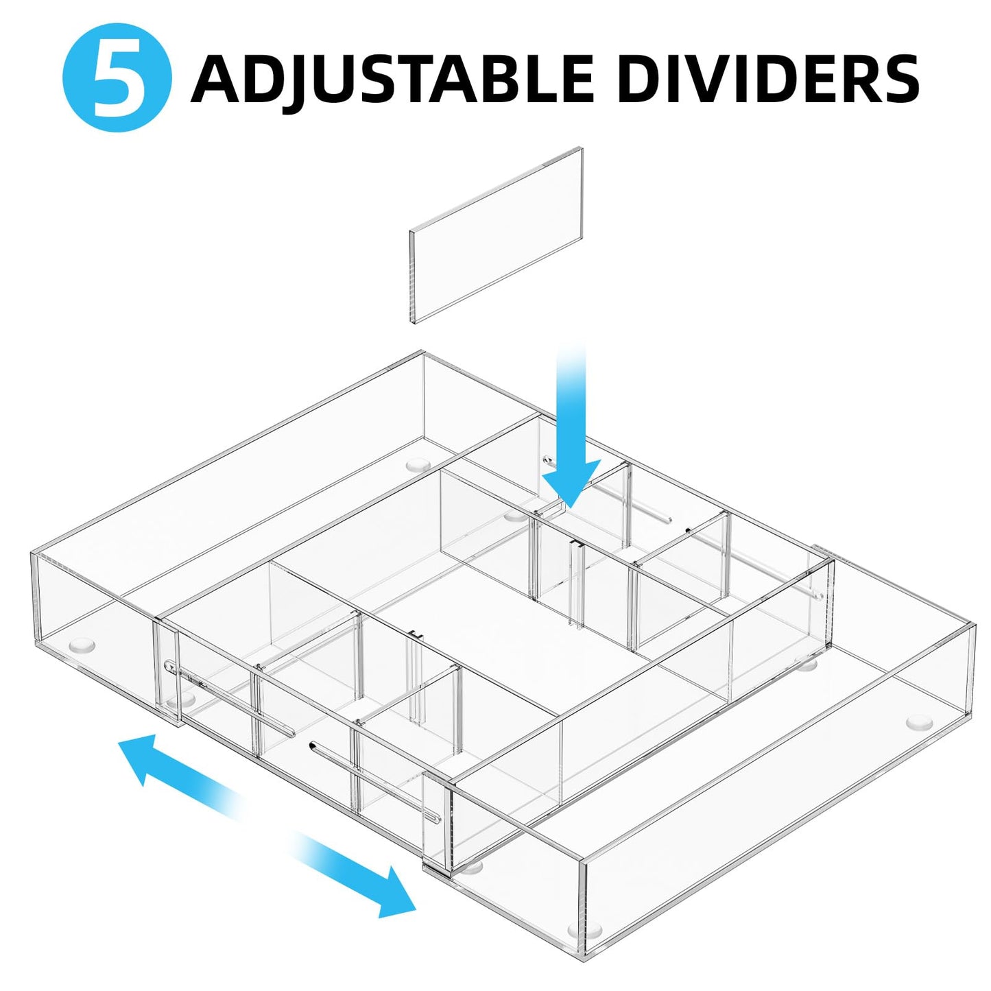Marbrasse Acrylic Expandable Drawer Organizer, Clear Desk Drawer Organizer Tray with 5 Dividers, Desk Organizers and Accessories, 10 Adjustable Compartments for Office Supplies, Makeup & Vanity