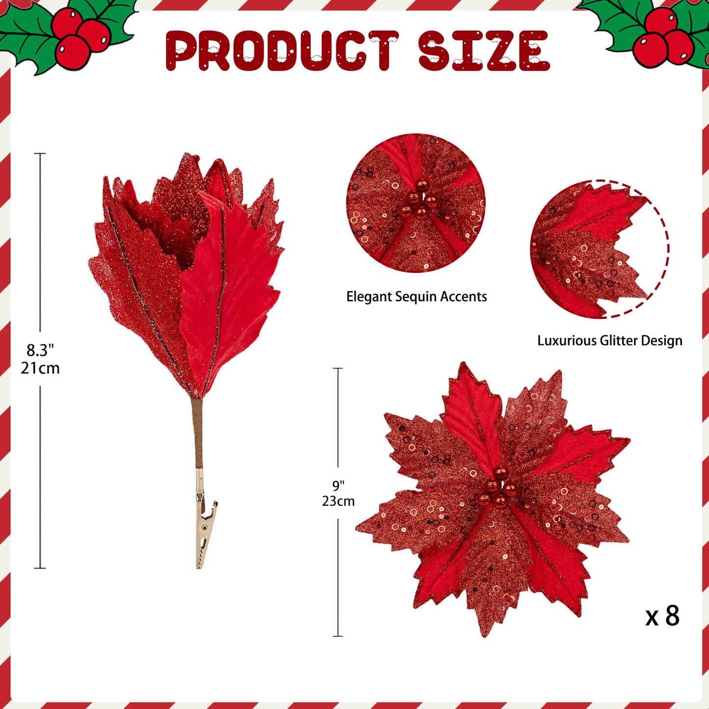 Briful 9'' Poinsettias Artificial Christmas Flowers 8PCS Silk Christmas Floral Picks and Sprays Large Red Poinsettias Flowers with Clips for Xmas Tree Vase Arrangement Wreath Decor