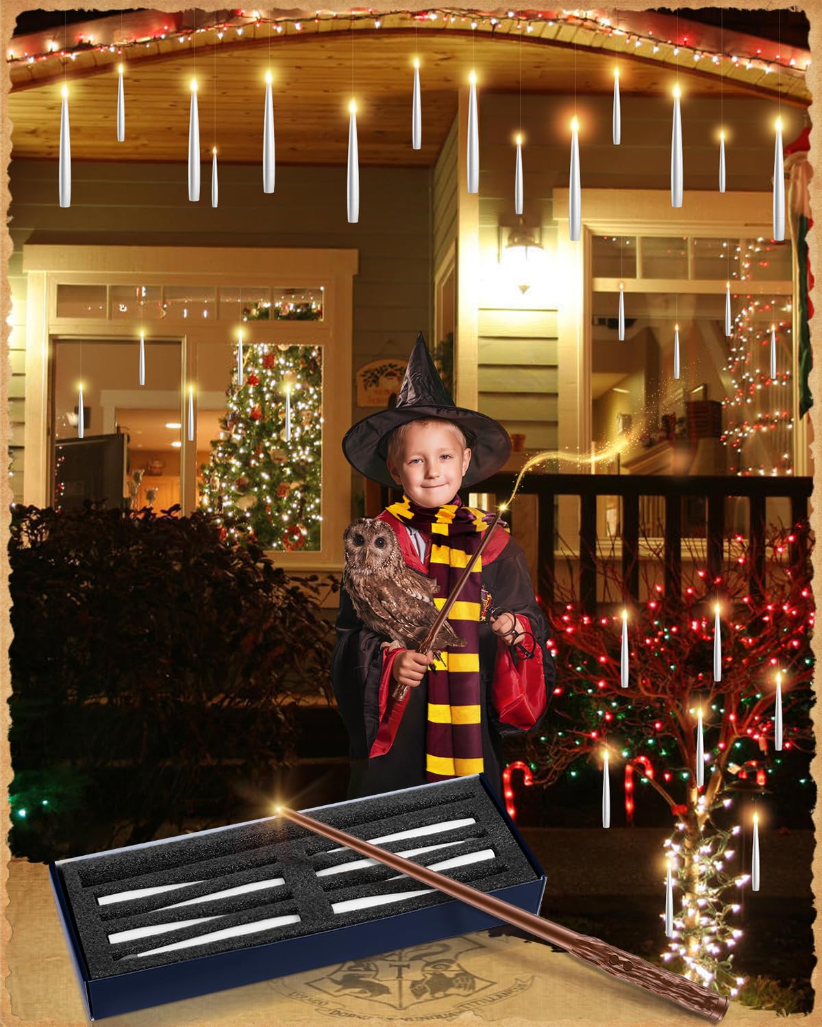 Floating Candles with Wand - 18 Pack Christmas Decorations Magic Flameless Candles Flickering Light Hanging Candle Remote with Glasses, Tie, Scarf, Battery Operated Candles for Christmas Party Decor