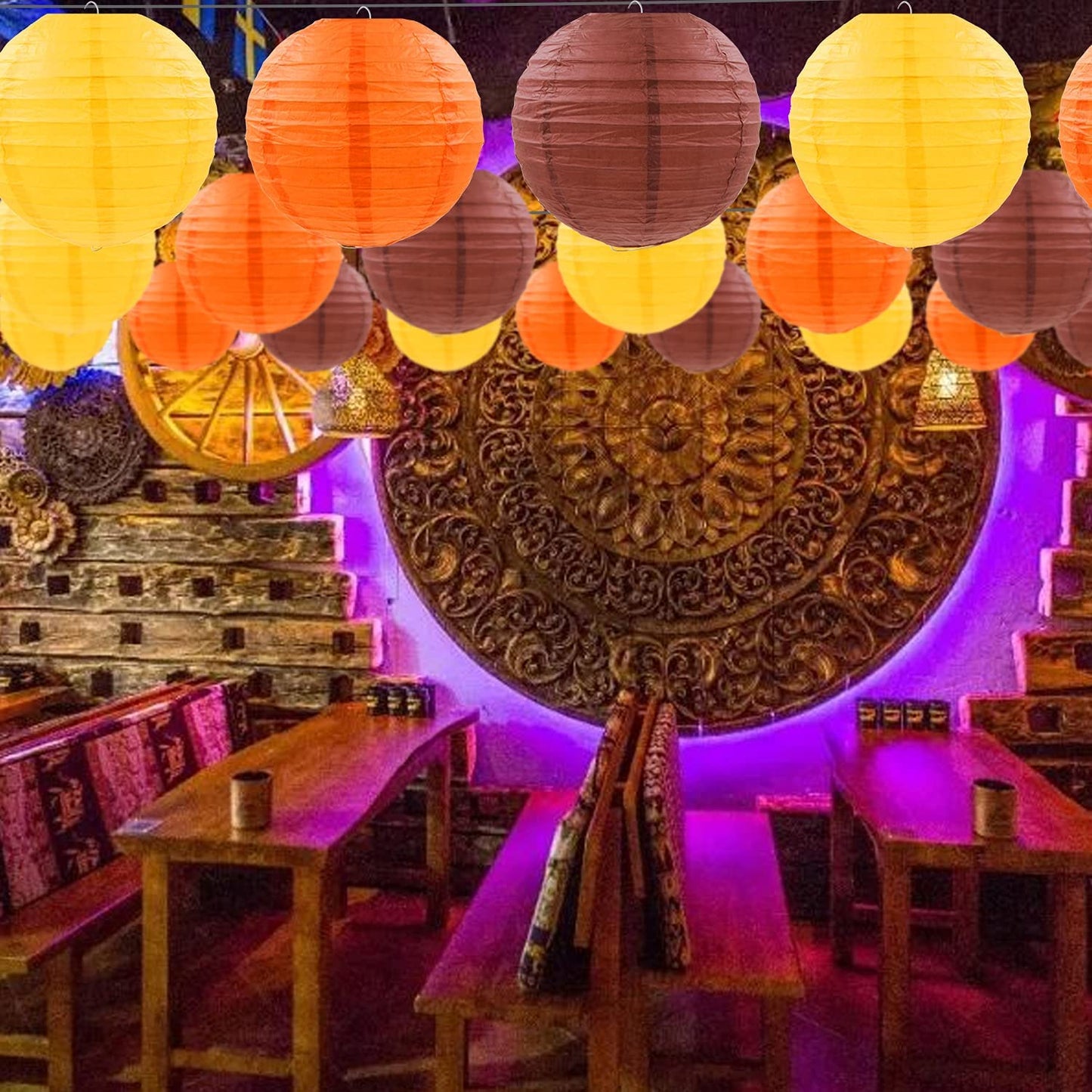 PheiLa 12 Pcs Fall Paper Lanterns Thanksgiving Decorations Yellow Orange and Brown Paper Lanterns Autumn Decorative Round Hanging Party Decorations Harvest Theme Party Supplies
