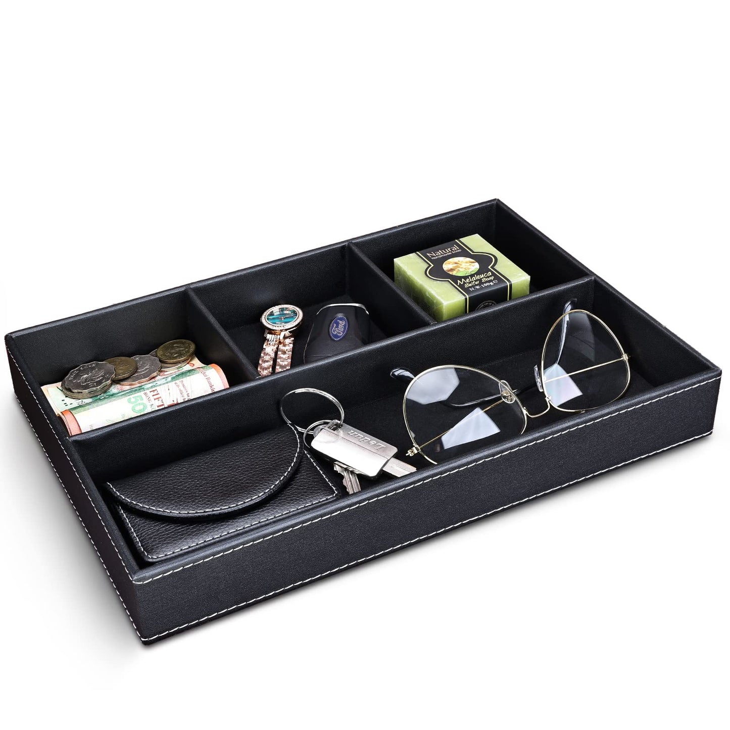 GORESE Faux Leather Valet Tray for Men, Stackable Jewelry Trays Drawer Organizer Tray Nightstand Organizer for Men, EDC Tray for Key, Wallet, Sunglass, Watch, Coin, Phone, Cologne - Black