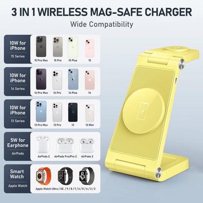 Magnetic Wireless Charger Stand, 3 in 1 Foldable Wireless Charging Station with 20W Adapter, Travel Charger for Multiple Devices for iPhone 17 16 15 14 13 12 Pro/Max/Plus/Mini, iWatch, AirPods