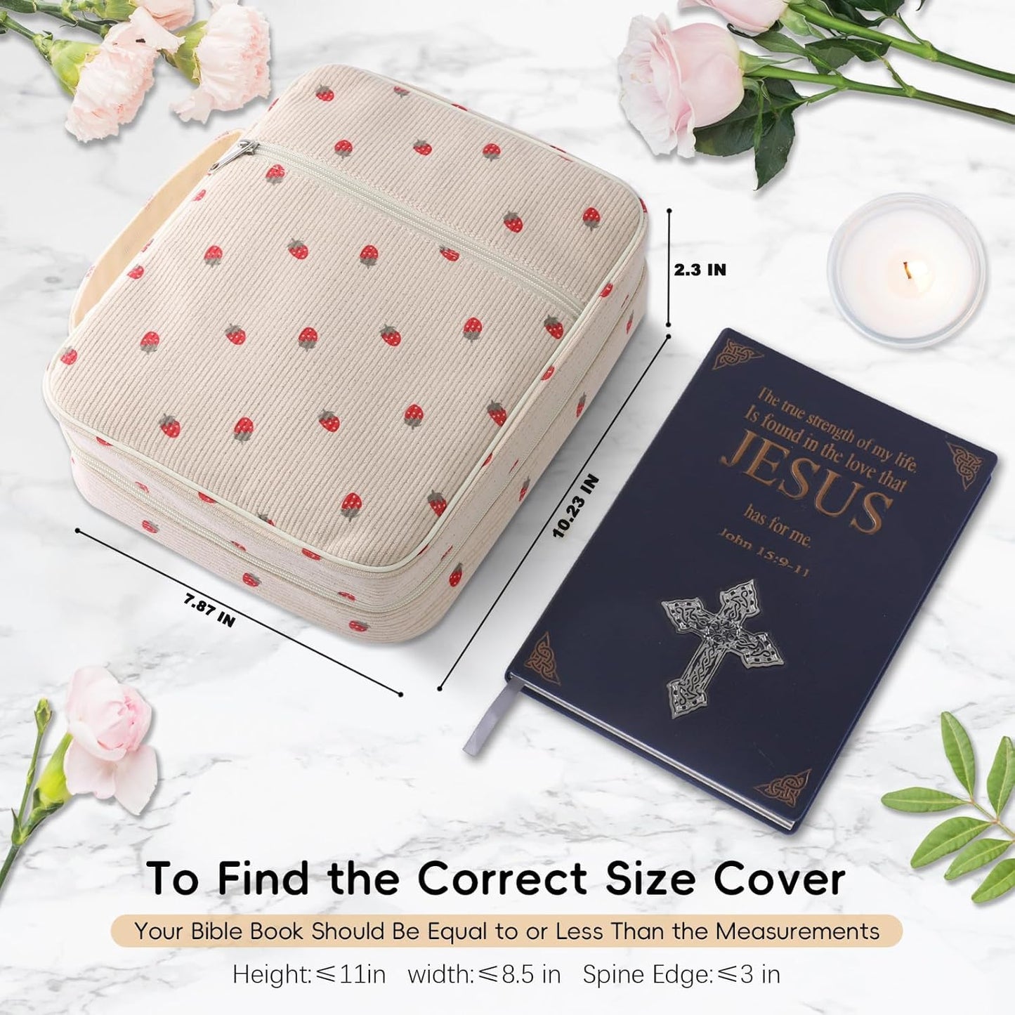 WOBAGMEN Bible Cover Case for Women,Large Bible Tote Bags Organizer Corduroy Carrying Case for Girls,Bible Study Supplies Accessories Christian Gifts for Women(Strawberry M)