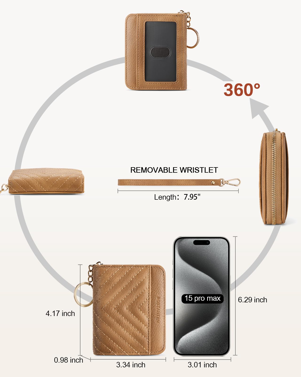BOSTANTEN Credit Card Holder Wallet RFID Blocking Leather Small Wallet for Women Zipper Keychain Wallet with Wristlet Camel