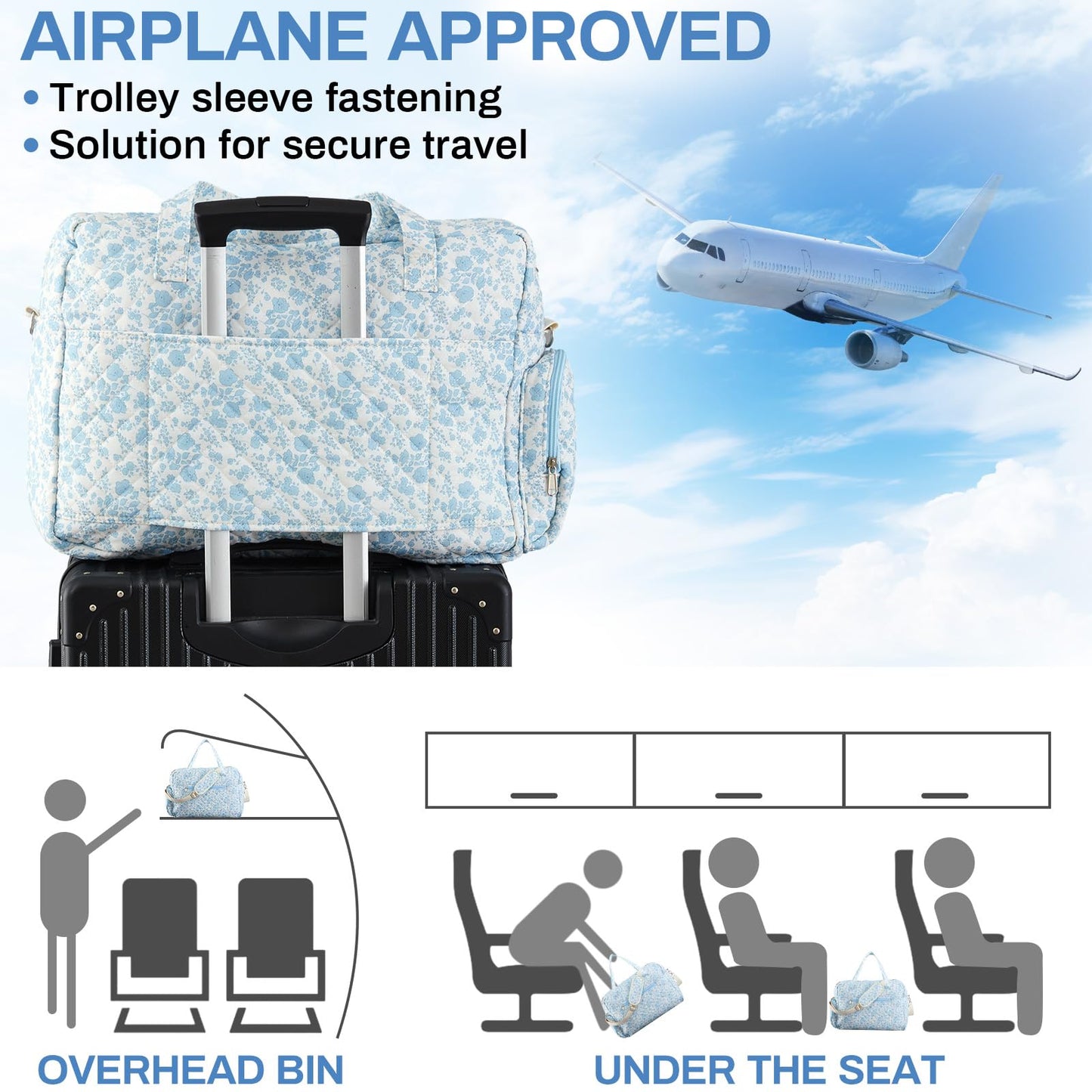 Abbylike 2 Pcs Large Quilted Duffle Bag Blue Floral Coquette Duffle Bag with Makeup Pouch Quilted Weekender Diaper Tote with Shoe Compartment for Women Travel Hospital