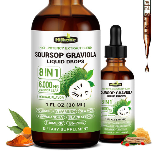 (2 Pack) 8 in 1 Graviola Soursop Leaf Extract Liquid - Soursop Bitters Liquid with Sea Moss, Ashwagandha and Tumeric, for Immune & Liver, Zzz & Antioxidant & Cell Support,1 Fl Oz