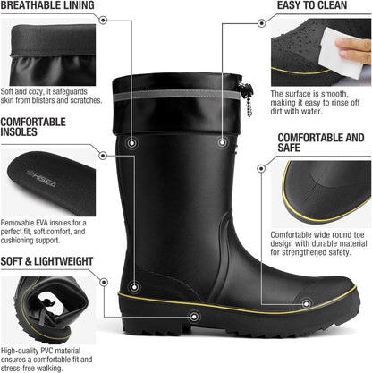 HISEA Men's Waterproof Rain Boots - Lightweight PVC Rubber Mid-Calf Work Shoes for Fishing & Gardening
