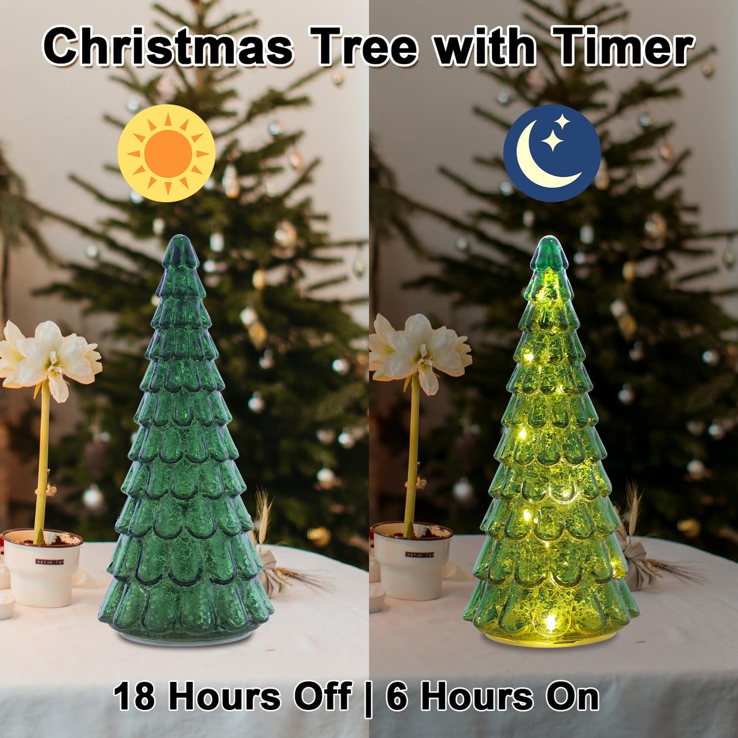 PHITRIC Christmas Decorations Indoor, 3 pcs Sparkling Glass Christmas Tree with LED Lights and Timer, Tabletop Christmas Tree Decor, Xmas Tree Decorations for Living Room, Fireplace, Table, Home