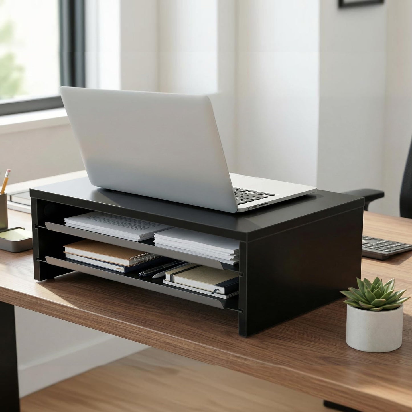 Fenge Monitor Stand, 3-Tier Monitor Riser with Slide-Out Tray, Wooden and Metal Desktop Organizer for Home Office, Computer, Laptop, Printer, Telephone
