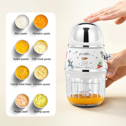 Baby Food Maker Mini Cute and Small Food Processor Puree Blender Grinder Chopper 1.2 Cup Glass Bowl with 6 Blade Electric (Spaceman-White(One Bowl))