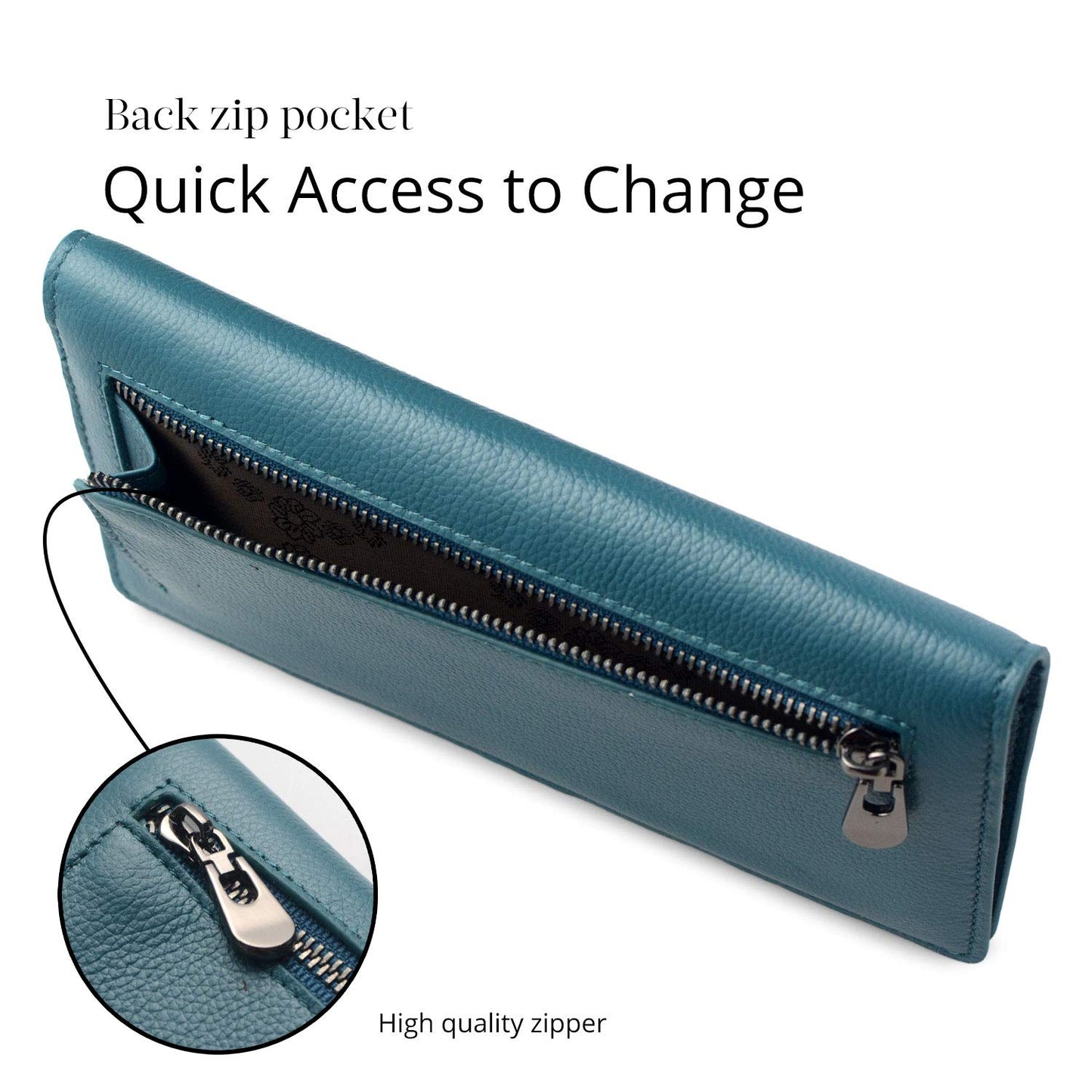 Bveyzi Ultra Slim Thin Leather RFID Blocking Credit Card Holder Bifold Clutch Wallets for Women (Lake Blue)