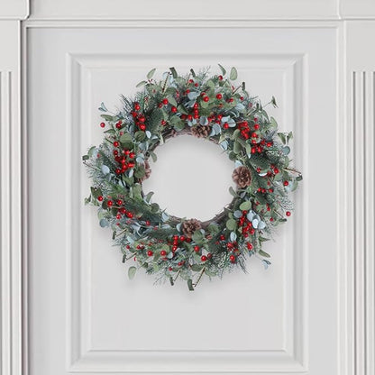 20 Inches Christmas Wreath Winter Wreaths Holiday Christmas Wreaths for Front Door Christmas Berry Wreath with Pine Needles Pine Cones Red Berries for Window Indoor Outdoor Winter Decorations