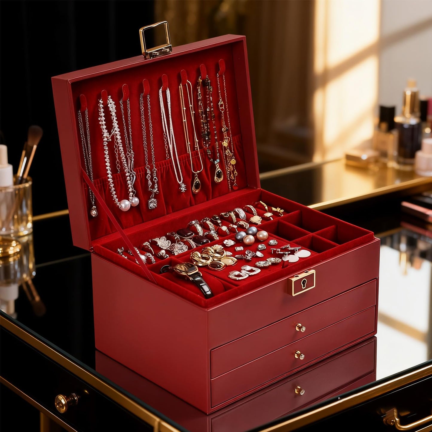Greenfeather Jewelry Boxes for Women, Jewelry Organizer Box with Lid 3 Layers for Necklaces Rings Earrings and Bracelets Box to Store Jewelry Red Ideal Gifts